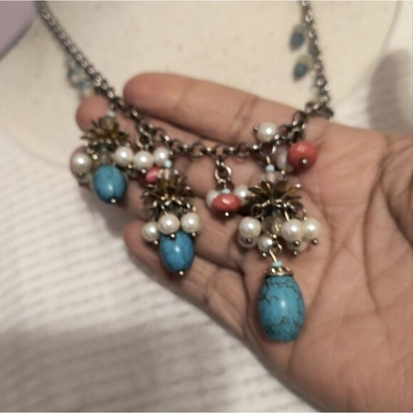 Talbots Cluster Fringe Statement Necklace Howlite Turquoise Pearls - Picture 5 of 7